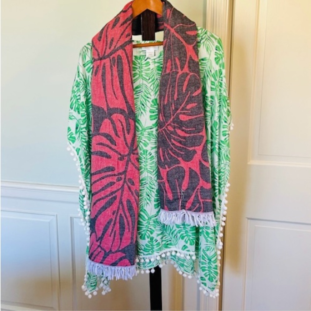 Green Monstera Leaf Set of 3 Coverup + Wrap Scarf Red + Black + Natural Belt - Picture 5 of 15